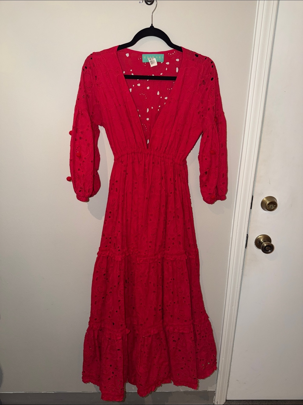 WAIMARI Red Eyelet V-Neck Dress
